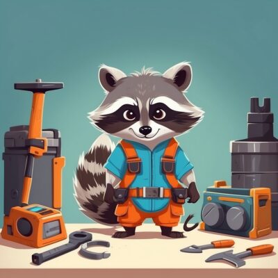 ISTP personality illustration – The Virtuoso raccoon character fixing a gadget in a workshop