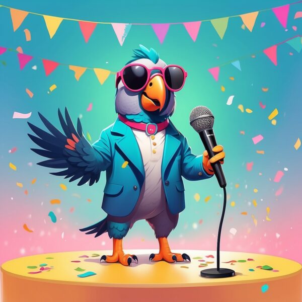ESFP personality illustration – The Performer parrot character singing on a vibrant stage