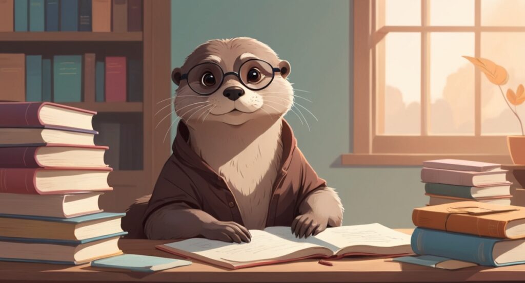 albedobase xl cartoonstyle thoughtful otter wearing round glas 1 INTP personality illustration β The Thinker otter character at a desk