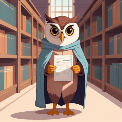 INTJ personality illustration – The Mastermind owl character with a blueprint in a library