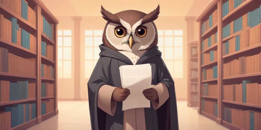 albedobase xl cartoonstyle wise owl character wearing a sleek 3 INTJ personality illustration โ The Mastermind owl character with a blueprint in a library