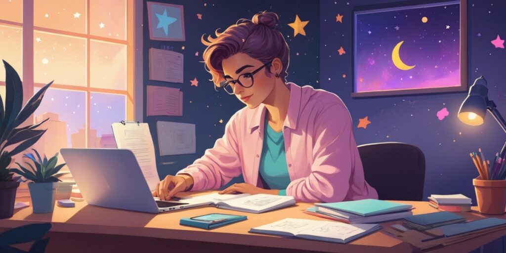 Cartoon illustration of an ENFP working on a side hustle at a creative desk, with warm colors, sparkles, and a playful mood Cartoon illustration of an ENFP working on a side hustle at a creative desk, with warm colors, sparkles, and a playful mood