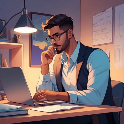 Cartoon-style illustration of an ENTJ personality working on a side hustle at night, with a laptop, planner, and productivity tools on a clean desk