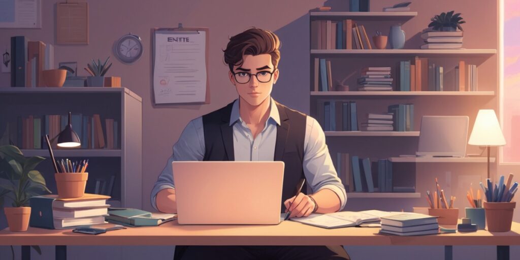 Cartoon-style illustration of an ENTJ personality working on a side hustle at night, with a laptop, planner, and productivity tools on a clean desk Cartoon-style illustration of an ENTJ personality working on a side hustle at night, with a laptop, planner, and productivity tools on a clean desk