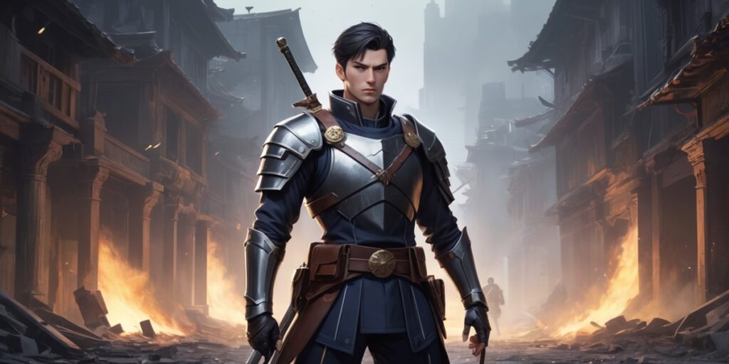 Levi Ackerman MBTI inspired fantasy swordsman in silver and blue armor holding dual blades in a destroyed city backdrop – AI-generated art