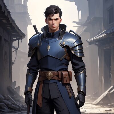 Levi Ackerman MBTI anime-style illustration of a dark-haired soldier in blue armor standing in a ruined medieval street – AI-generated art