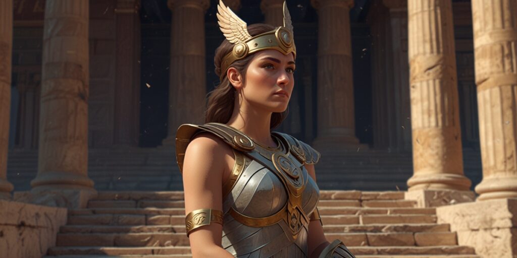 athena mbti intj myth2 llustration of Athena MBTI analysis as INTJ, showing wisdom and strategy with armor and owl motif
