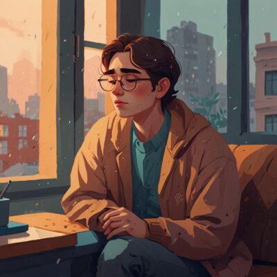 Illustration of ENFP emotional reactions to sadness, showing an expressive character with tears by a rainy window