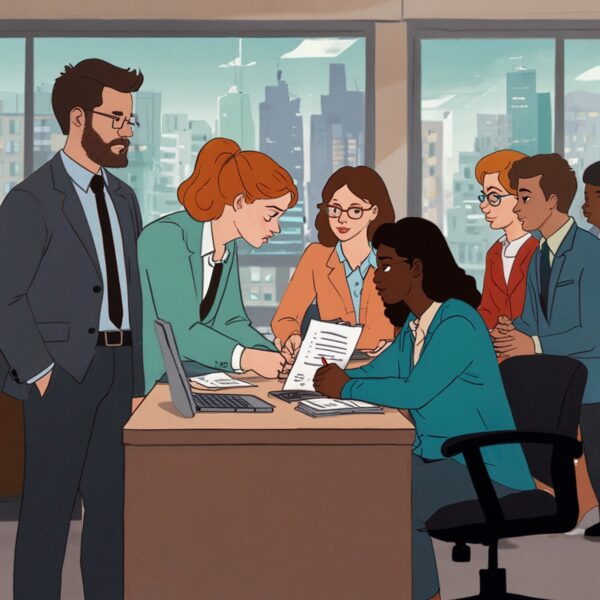 Illustration of MBTI stress at work showing types thriving under pressure and others struggling in an office setting