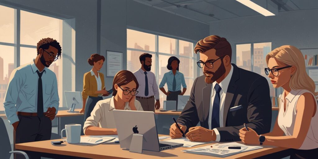 Illustration of MBTI stress at work showing types thriving under pressure and others struggling in an office setting