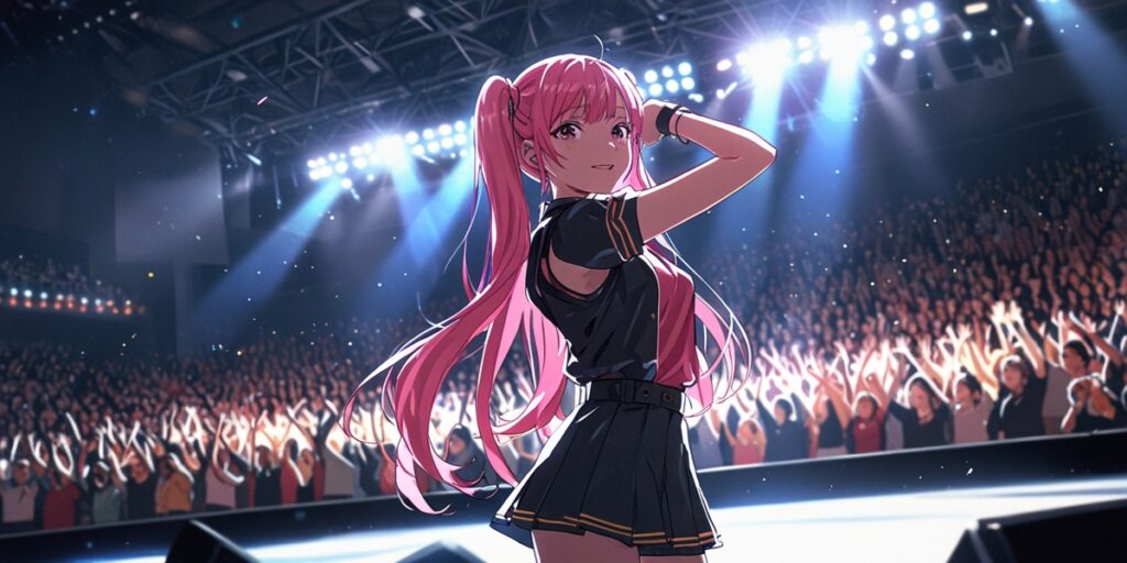 mira anime idol strategist Mira character MBTI traits visualized, charismatic anime idol performing live