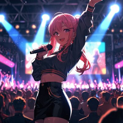 Mira MBTI analysis illustration, anime-inspired idol on stage with pink twin tails
