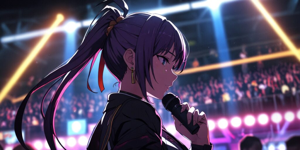 rumi mbti purple hair stage Fanart of Rumi with tied purple hair on stage – K-Pop Demon Hunters MBTI analysis