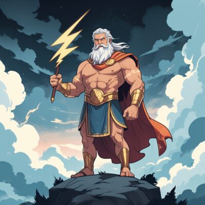 Illustration of Zeus MBTI analysis as ENTJ, showing leadership and power with thunderbolt on Mount Olympus