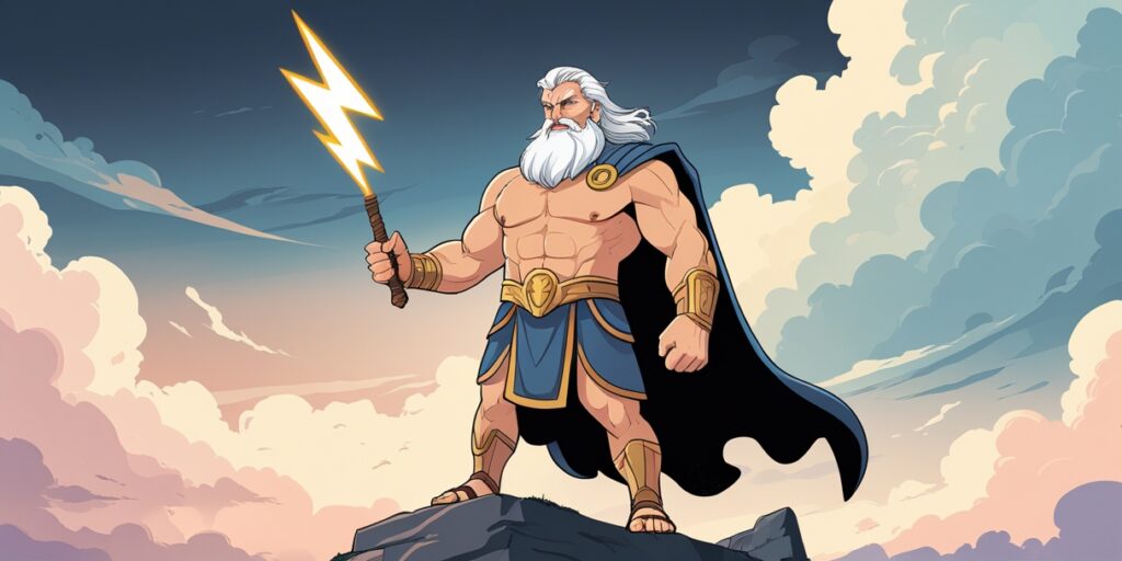 Illustration of Zeus MBTI analysis as ENTJ, showing leadership and power with thunderbolt on Mount Olympus