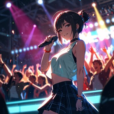 Zoey MBTI analysis illustration, anime-inspired idol on stage with crystal prop