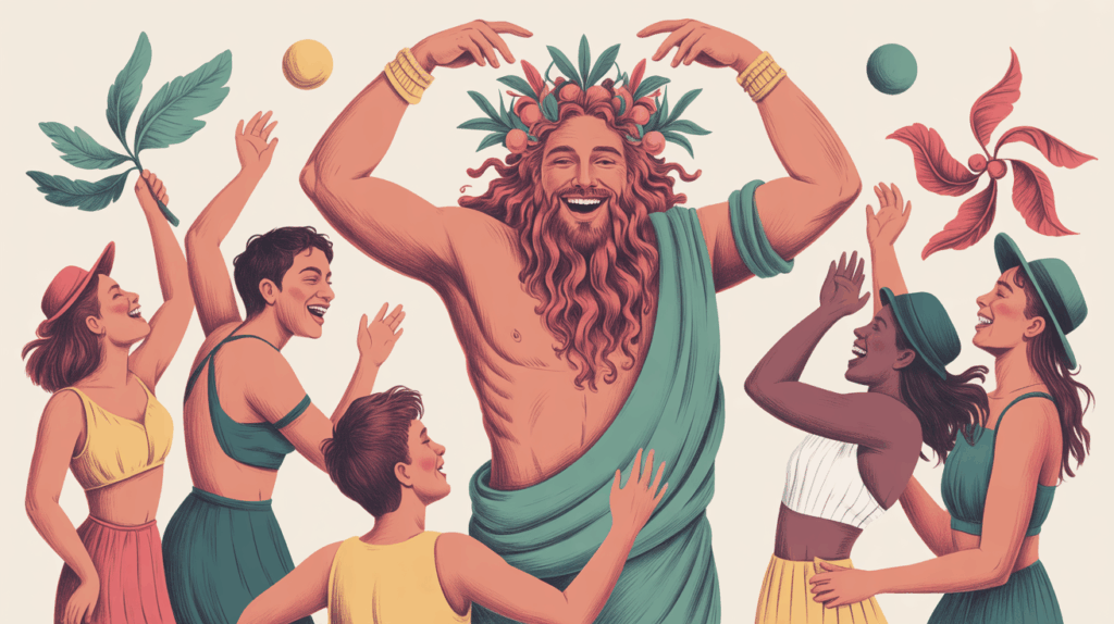 dionysus enfp celebration Soft pastel cartoon of Dionysus mbti leading a joyful celebration of creativity and emotion.