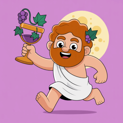 Cartoon Dionysus as ENFP celebrating emotional freedom and creative energy.