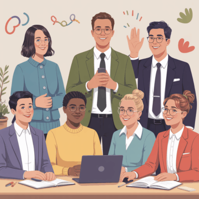 Cartoon of MBTI characters showing empathy and teamwork, symbolizing emotional intelligence.