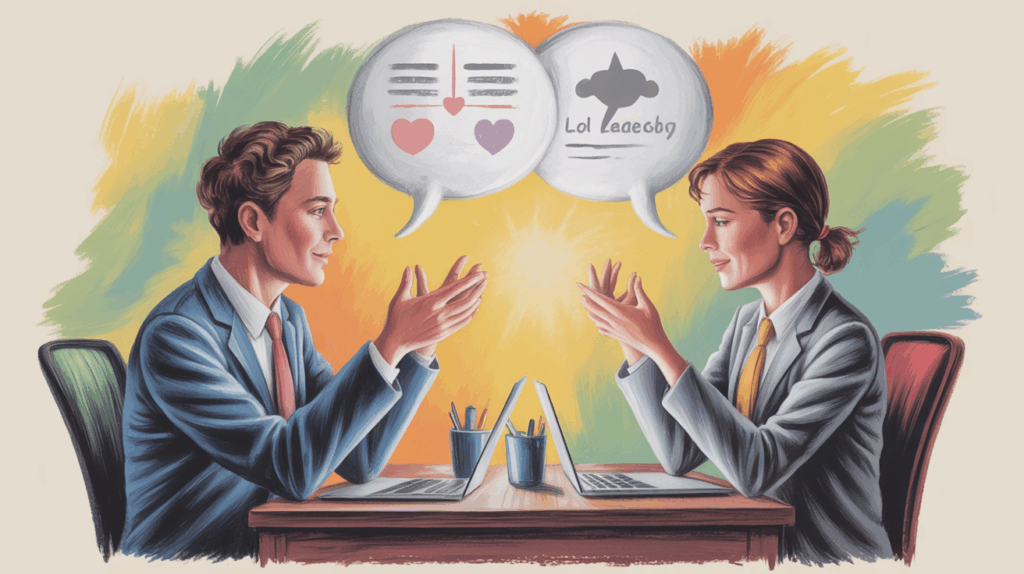 mbti eq communication Pastel art showing calm communication as a sign of mbti emotional intelligence.