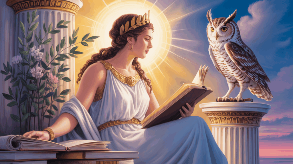 athena-intj-wisdom Pastel illustration of Athena mbti representing wisdom, logic, and inner authority.