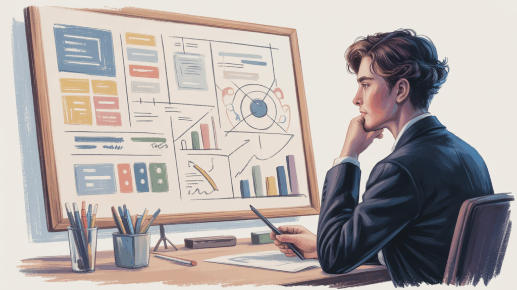Pastel art of INTJ thinking patterns organizing ideas and strategies.