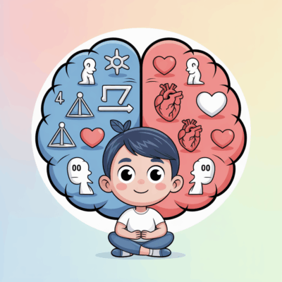 Cartoon character symbolizing mbti emotional balance through harmony of logic and emotion.