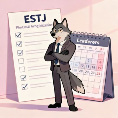 ESTJ Behavioral Signs illustrated through a wolf managing structure and order.