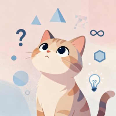 INTP Behavioral Signs illustrated through a cat thinking among abstract symbols.