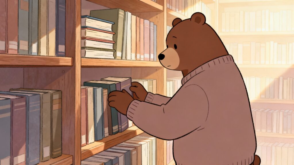 istj-behavioral-signs-bear-book ISTJ Behavioral Signs shown through a bear maintaining order.