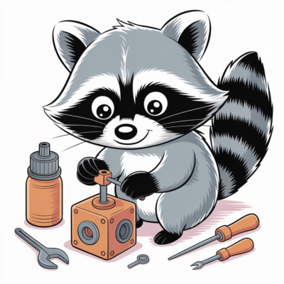 ISTP Behavioral Signs illustrated through a raccoon fixing a mechanical object.