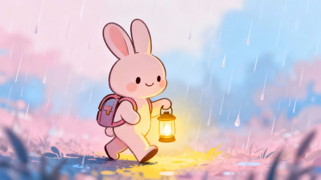 ENFP Misunderstood Traits shown through a bunny staying hopeful in the rain.