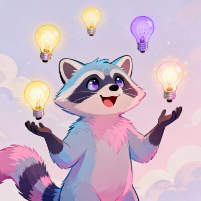 ENTP Misunderstood Traits illustrated through a raccoon juggling creative ideas.