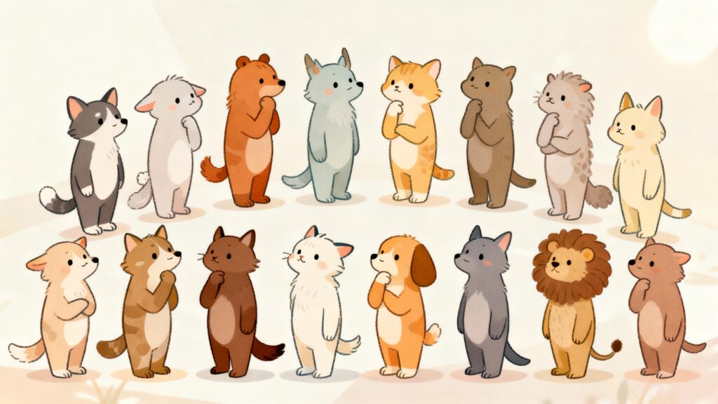 misunderstood-mbti-traits-hub-MAIN A pastel cartoon illustration representing misunderstood MBTI traits and the hidden motivations of all 16 personality types